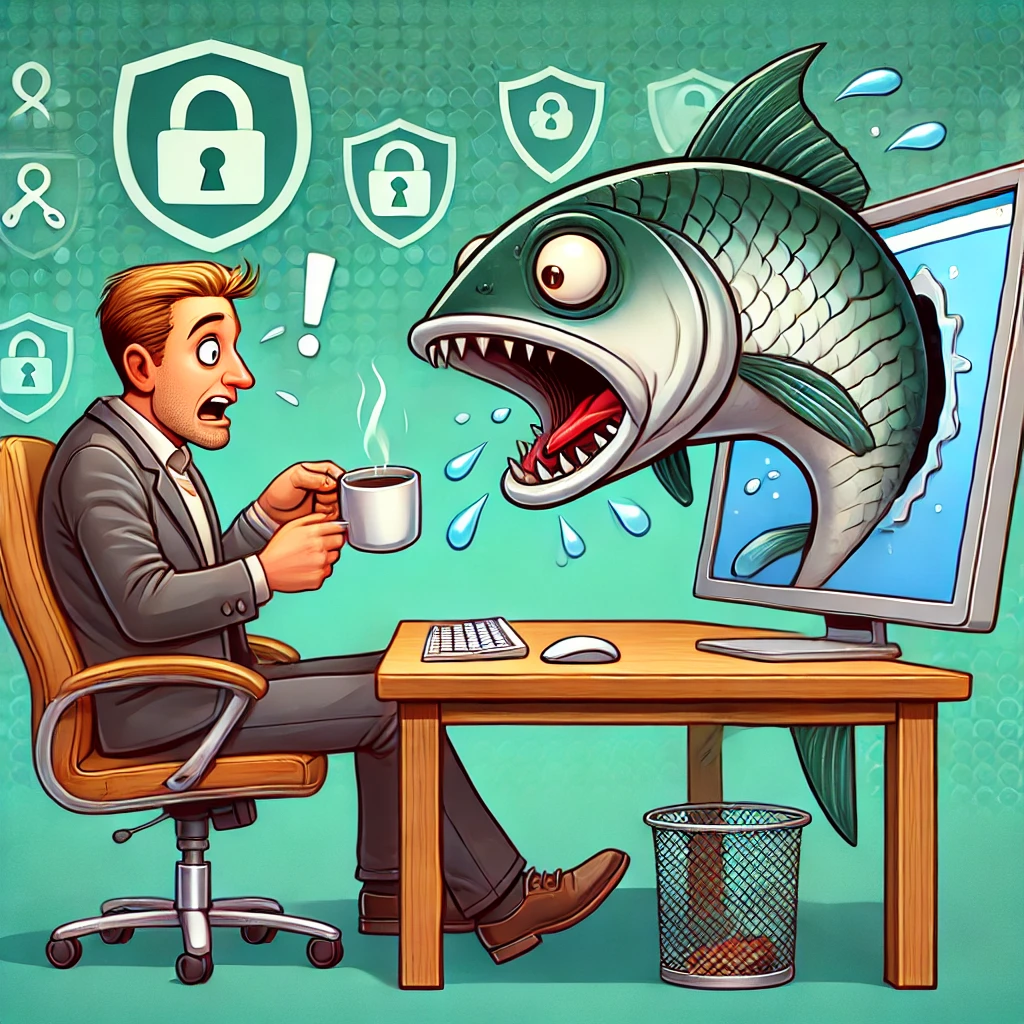 "A person sitting at a desk with a cup of coffee, startled by a large, cartoonish fish jumping out of the computer screen, with subtle cybersecurity icons like padlocks and shields in the background."