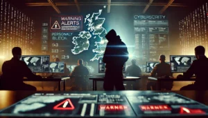 Visualization of the UK Cyber Security and Resilience Bill, showing a cybersecurity operations room with personnel monitoring a large digital map of the UK, warning alerts for a breach, and a hacker silhouette, representing the urgency for stronger board-level accountability and robust cybersecurity measures.