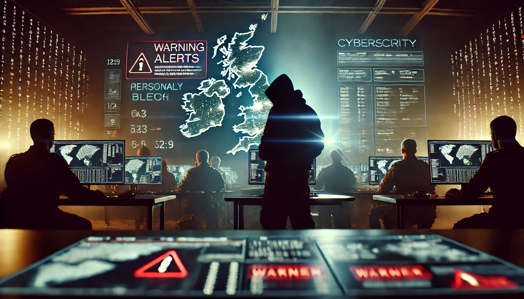 Visualization of the UK Cyber Security and Resilience Bill, showing a cybersecurity operations room with personnel monitoring a large digital map of the UK, warning alerts for a breach, and a hacker silhouette, representing the urgency for stronger board-level accountability and robust cybersecurity measures.