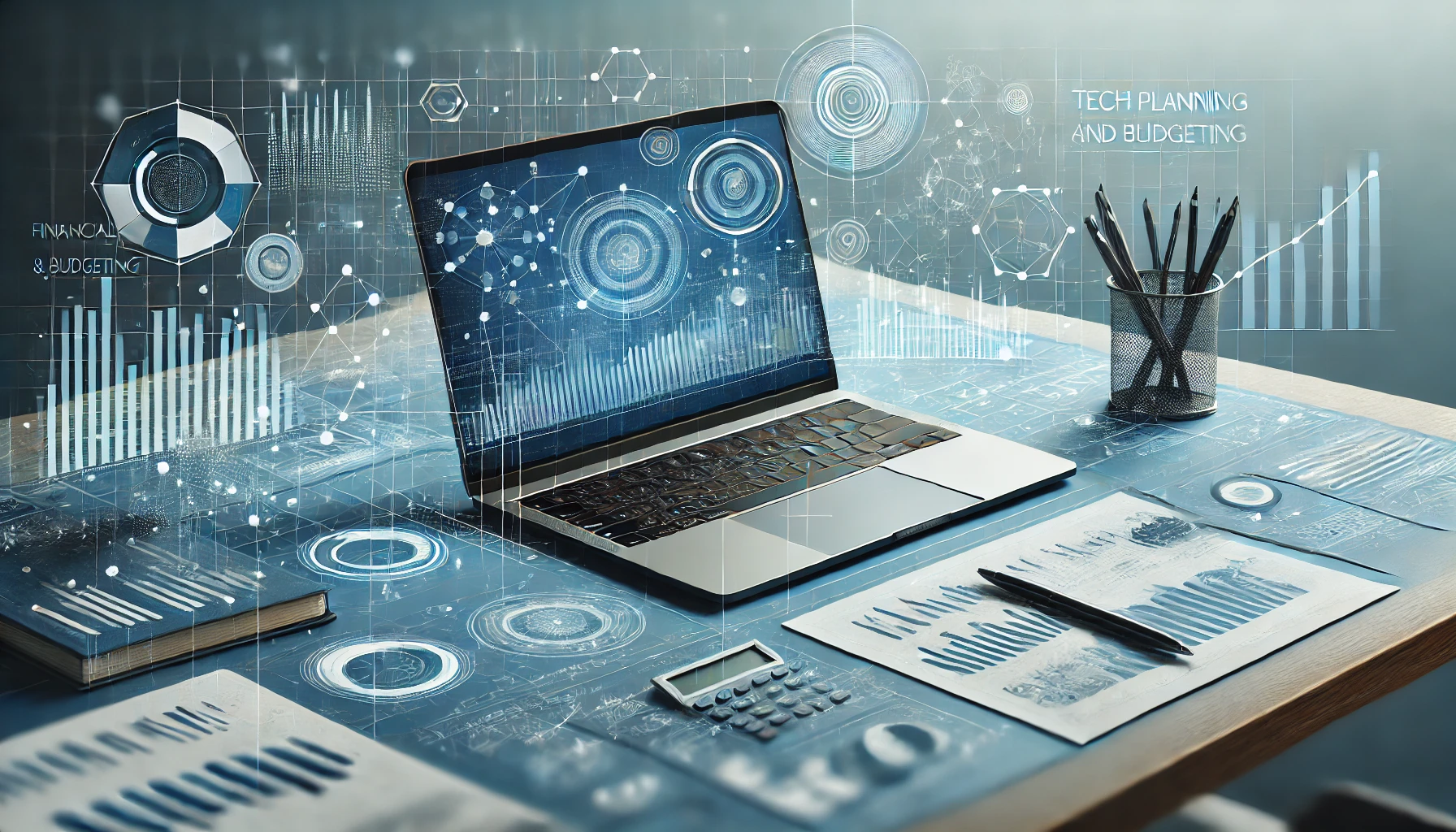 Professional workspace for tech planning and budgeting with laptop displaying financial graphs and abstract technology background.