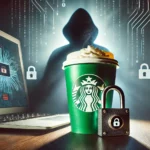 Starbucks ransomware attack hero image, featuring a coffee cup with a digital padlock and a hacker silhouette in the background