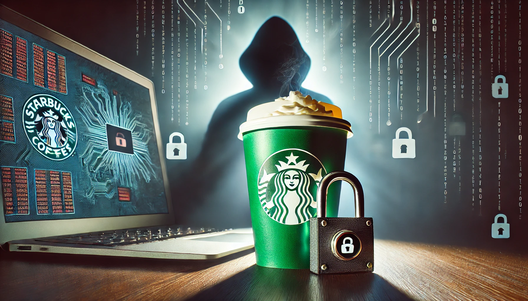 Starbucks ransomware attack hero image, featuring a coffee cup with a digital padlock and a hacker silhouette in the background