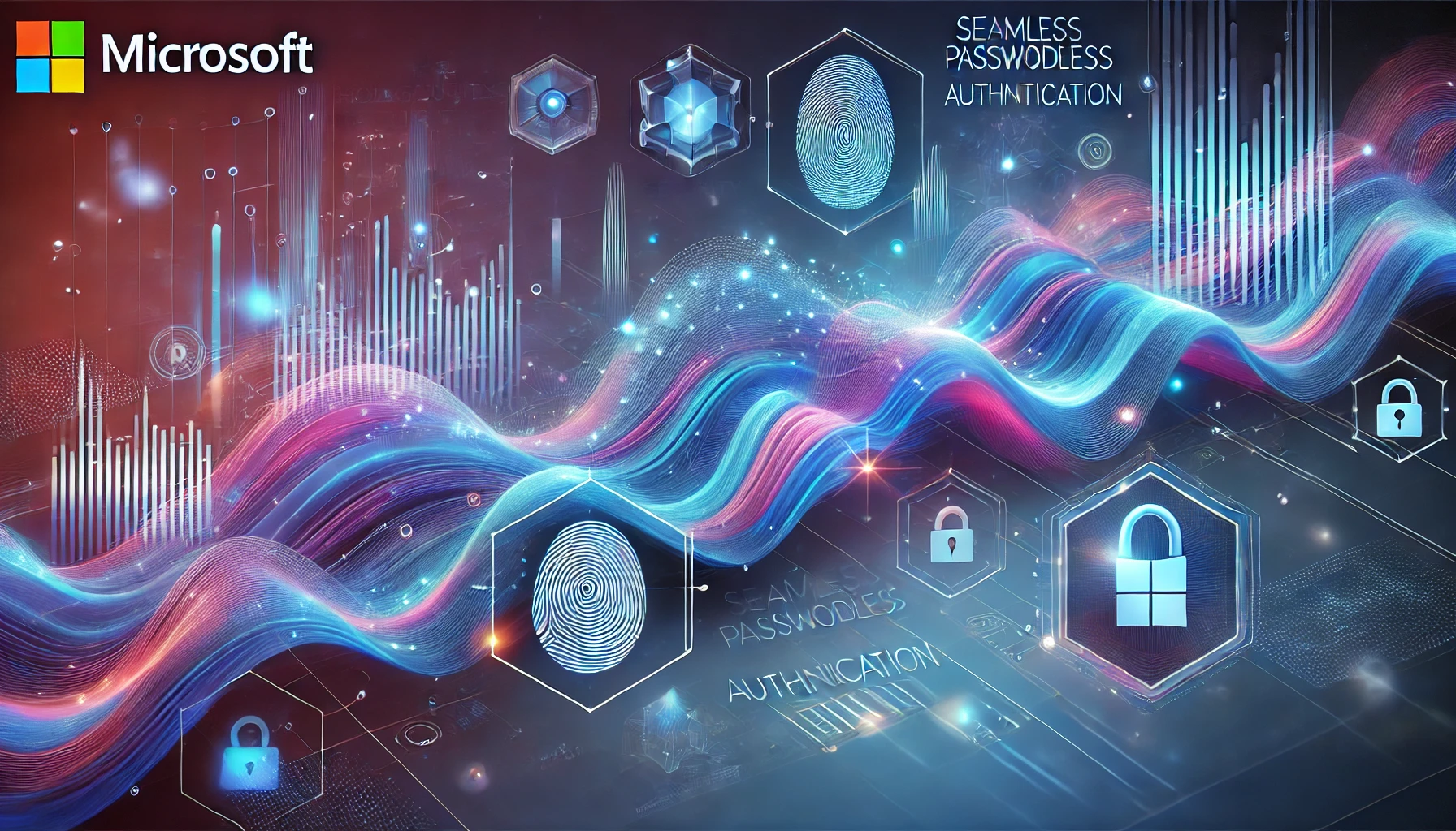 A vibrant digital security concept representing passwordless authentication with biometric and facial recognition technology.